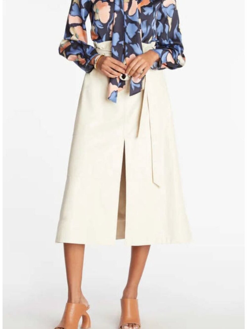 TANYA TAYLOR Vegan Leather Hudson Midi Skirt Cream White Size 10